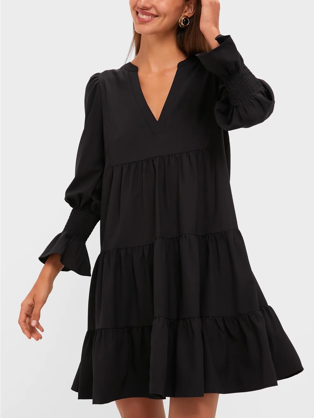 Tuckernuck Pomander Place Kenzo Crepe Black Tiered Dress XS Puff Sleeve